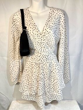 Polka Dot Wrap Skort Romper Cream Black Long Sleeve Tie Waist L